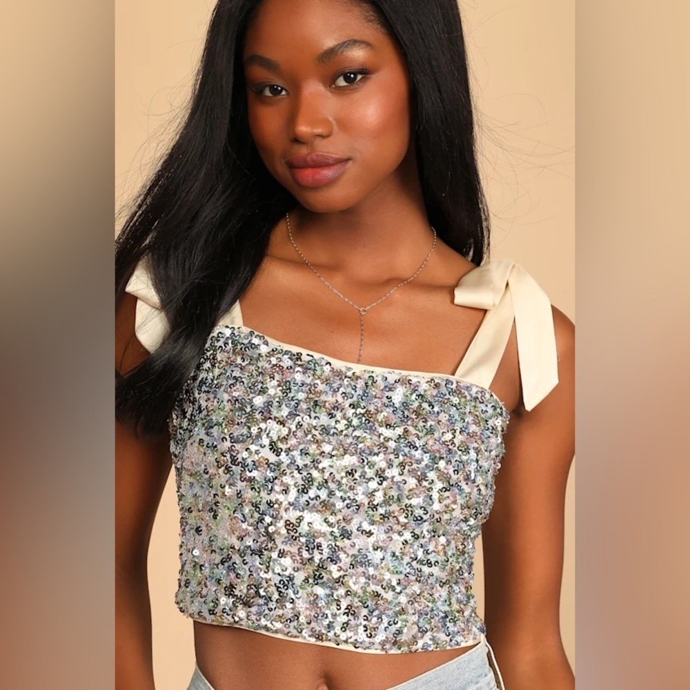 Lulu's Multicolor Dazzling Nights Cream Sequin Crop Top​​​